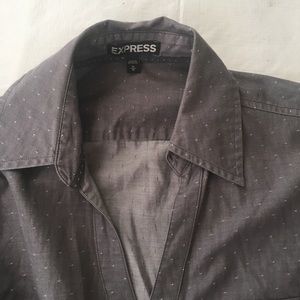 gray express button up shirt with design